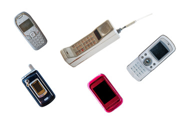 group of vintage mobile phone isolated on white background