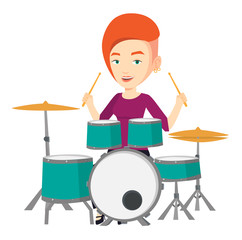 Poster - Woman playing on drum kit vector illustration.