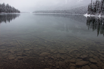 Clear still open water at Emerald Lake, British Columbia, Canada in the early winter