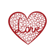 Word Love Is Enclosed In A Large Heart With Red Glitter Effect. Valentines Day Card With Pink Heart With Swirls And Letters Love