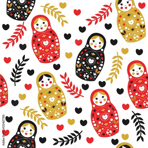 Cotton fabric Vector seamless pattern in Russian style. Cute background with nesting doll.