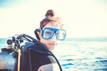 Portrait Of A Young Girl Diver On A Sunny Day