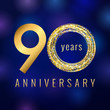 Anniversary 90 year number gold colored vector logo. Ninety years colorful greeting card. Holiday shining icon. Blue background. Business, fashion, music, arts lighting sign. Celebration event symbol.