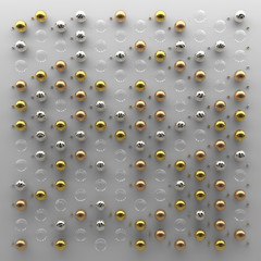 Poster - 3d abstract render illustration. Geometry cloning background. Metal and glass spheres building random repeatable pattern.