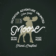 Outdoor adventure label. Vintage typography outdoors adventures with moose and texts. Retro illustration with letterpress effect. Vector wilderness logo. Custom explorer quote.