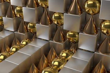 Poster - 3d rendering abstract background with metallic geometric shapes. Primitives form repeatable background with shiny reflections.