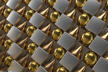 Poster - 3d rendering abstract background with metallic geometric shapes. Primitives form repeatable background with shiny reflections.