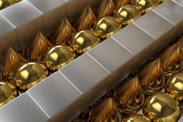 Poster - 3d rendering abstract background with metallic geometric shapes. Primitives form repeatable background with shiny reflections.