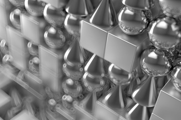 Poster - 3d rendering abstract background with metallic geometric shapes. Primitives form repeatable background with shiny reflections.