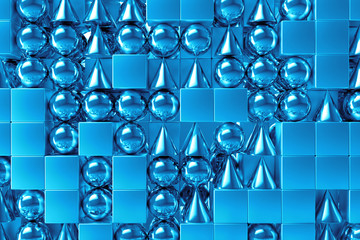 Poster - 3d rendering abstract background with metallic geometric shapes. Primitives form repeatable background with shiny reflections.