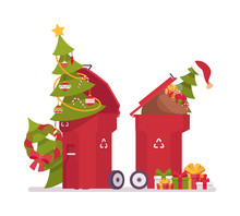 Trash Bins With Christmas Trees, Useless After Holiday