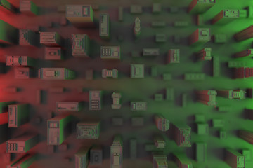 Poster - 3d rendering of city`s top view. Skyscrapers are in focus, low buildings are blurred. Abstract background.