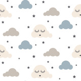Sleepy clouds seamless kid vector pattern. Gray, blue and white background. Cute baby style textile fabric cartoon scandinavian ornament.