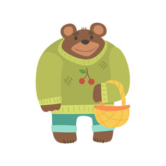 Poster - Brown Bear In Sweater With Wicker Basket, Forest Animal Dressed In Human Clothes Smiling Cartoon Character