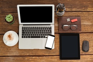 Poster - Laptop, smartphone and digital tablet with cup of coffee 