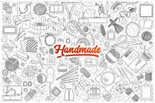 Hand Drawn Set Of Handmade Doodles With Red Lettering In Vector