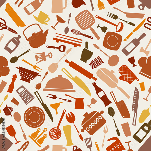 Naklejka na drzwi cookware kitchen seamless pattern in brown shades