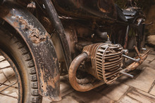 Rusty Engine Of Motorbike. Old Black Motorcycle. Heart Of The Machine.
