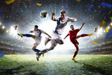 Fototapeta Sport - Collage adult soccer players in action on stadium panorama
