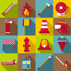 Wall Mural - Fireman items icons set, flat style