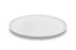 Flat empty white plate shallow on white background from side