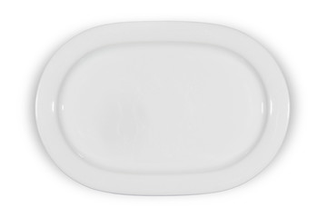 Flat white shallow porcelain oval plate with shoulders on white background directly from above