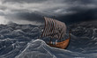 Viking ship on the dramatic wavy sea in the storm.