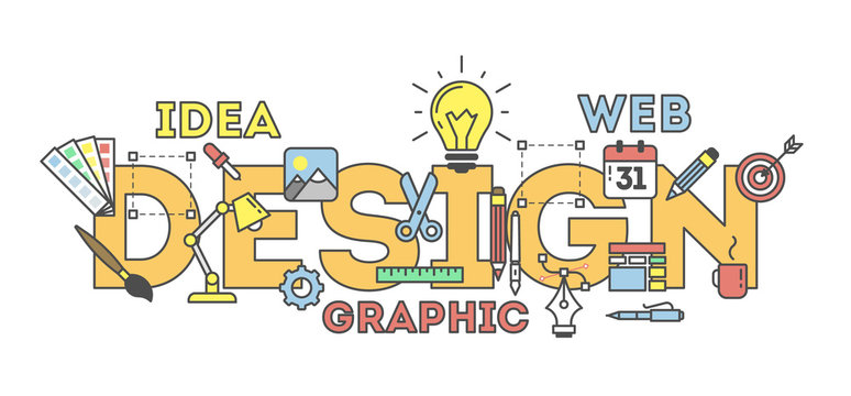 Design concept illustration on blue. Idea of making creative products. Design word with many icons as calendar, light bulb, pencils and more.