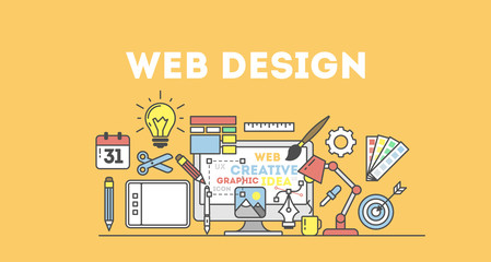 Poster - web design illustration with icons. concept of creating websites, creating logos and more.
