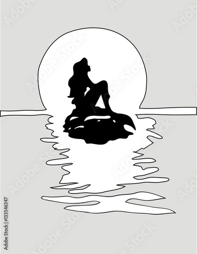 Girl mermaid silhouette with a tail on a rock in grey sea. Poster