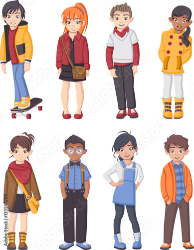 Group of cartoon fashion children. Teenager.