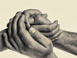 Men's hands hold the female palm on isolated, toned background. That could mean help, guardianship, protection, love, care etc.