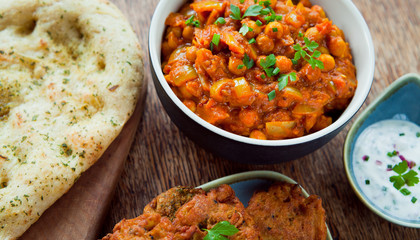 Sticker - Chana Masala with Naan Bread and Raita - Indian chickpeas Curry.