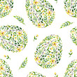 Watercolor yellow seamles flower and herbs Easter egg pattern. May be used for Easter textile decoration print, invitation card, spring decor, wrapping paper and window decoration.