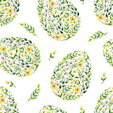 Fototapeta Sypialnia - Watercolor yellow seamles flower and herbs Easter egg pattern. May be used for Easter textile decoration print, invitation card, spring decor, wrapping paper and window decoration.