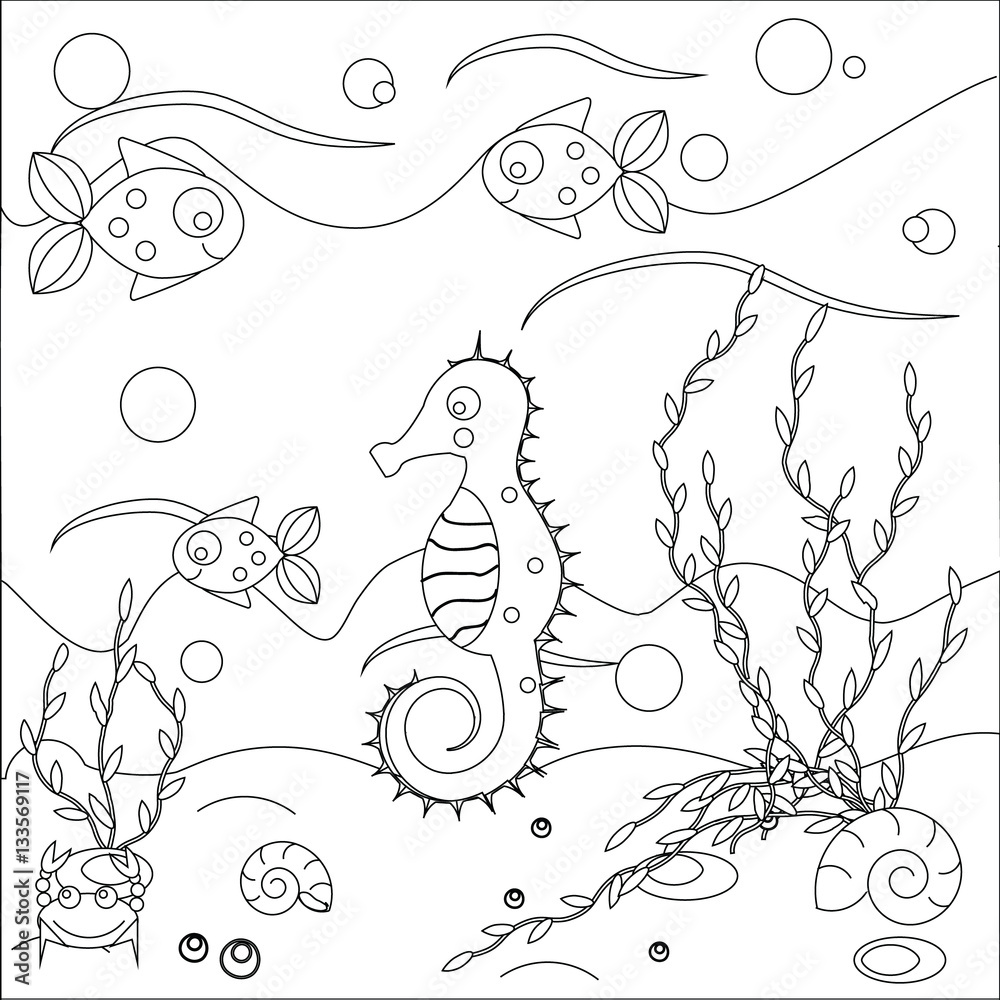 Coloring page with sea scene. Marine life theme. Educational game ...