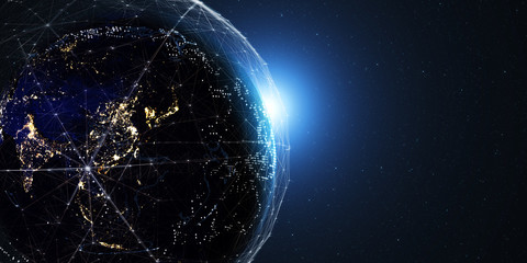 Poster - Technology background/Technology background with connecting dots and lines. Connection structure digital communication. Some elements of the image provided by NASA. 3d rendering