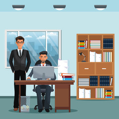 Wall Mural - men office place working desk furniture books trash can vector illustration eps 10