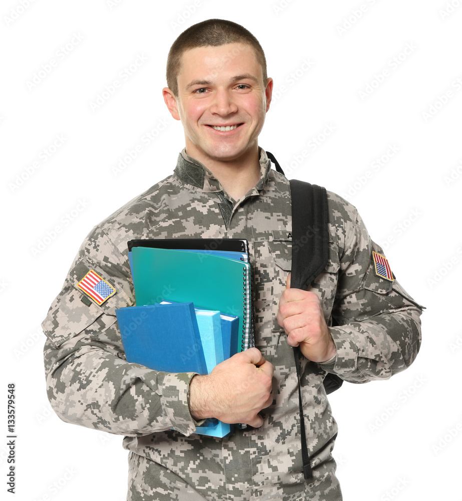 Cadet of military school on white background