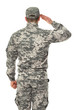 Saluting soldier in camouflage on white background
