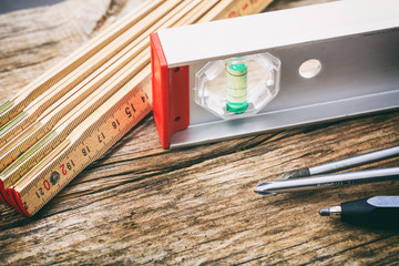 Poster - Hand tools on wooden background