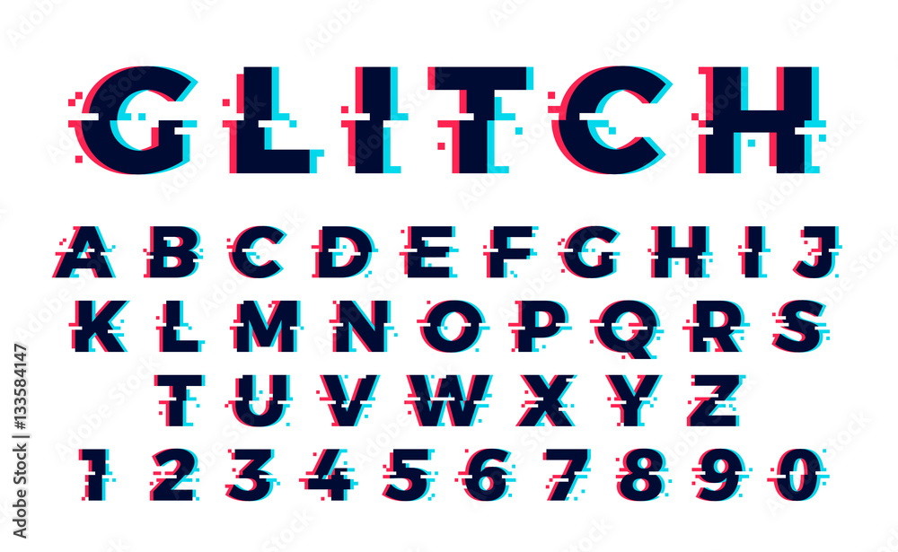 Vector distorted glitch font. Trendy style lettering typeface. Stock ...