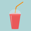 Pink strawberry, blueberry and raspberry smoothie in red cup with straw. Smoothie to go. Vector illustration