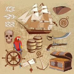 Wall Mural - Old pirate treasure map. Treasure chest, parrot, steering wheel