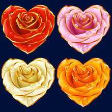 Cute Rose Heart Icons Set. Red, Yellow, Pink And White Flowers With Gold Trim. Valentines Day, Wedding Celebration Or Romantic Lovely Symbols Isolated On Dark Blue Background. Vector Illustration