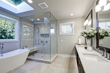 Fototapeta  - Spacious bathroom in gray tones with heated floors