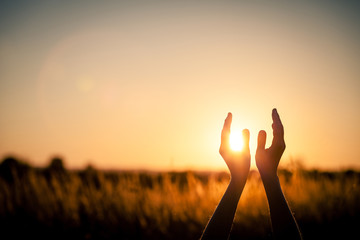 silhouette of female hands during sunset.