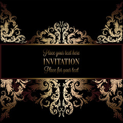 Wall Mural - Vintage gold invitation or wedding card on black background, divider, header, ornamental lacy vector frame