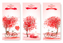 Three Valentine's Day Banners With Pink Trees And Hearts. Vector
