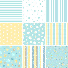 Set Of Seamless Patterns With Flower, Star, Polka Dots, Stripes.